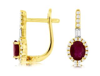 Yellow gold oval ruby and diamond earrings