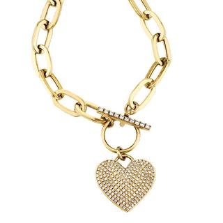 Yellow gold diamond link pave heart necklace