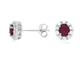 White gold oval ruby and diamond halo studs