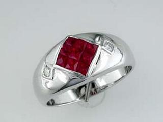 White gold wide ruby and diamond ring